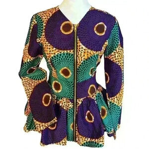 NWT Shenbolen African print dashiki cloth zip up long sleeve peplum blouse S